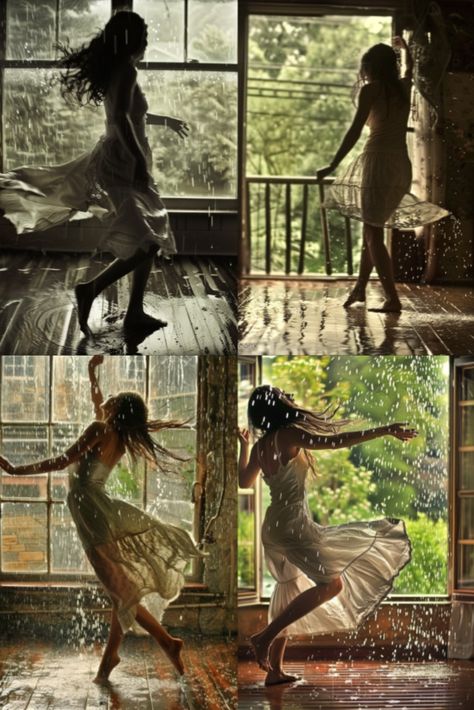 On a rainy afternoon, the woman opens her windows to let in the sound of raindrops falling. She dances barefoot on the wooden floor, her movements light and joyful, as if she's dancing with the rain itself, her spirits lifted by the soothing rhythm of the rain. Dancing In The Rain Photoshoot, Woman In Rain Photography, Dancing Woman Reference, Dancing In Rain Aesthetic, Woman Dancing Aesthetic, Dancing In The Rain Alone, Dancing In A Dress, Women Dancing Together, People In The Rain