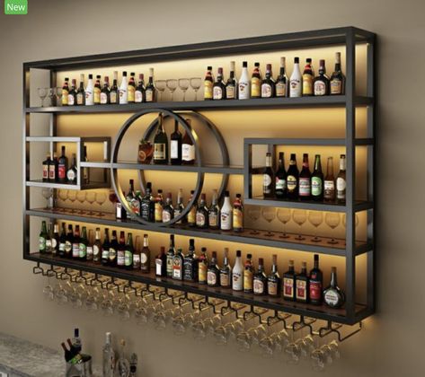 Wall Bar Ideas, Bar Wall Design, Wine Rack Metal, Black Wine Rack, Home Wine Bar, Modern Wine Rack, Mounted Wine Rack, Bar Counter Design, Home Bar Rooms