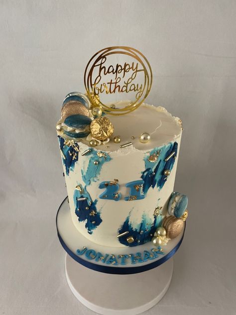 18th And 50th Birthday Cake, Guys 18th Birthday Cake, Mens 20th Birthday Cake, Vanilla Cake Design For Men, Buttercream Blue Cake, White Blue Gold Cake, 21st Birthday Cake Blue And Gold, Shades Of Blue Cakes, 18th Birthday Cake Blue And Gold