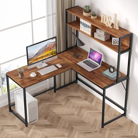 10 of the Most Stylish—and Functional—Desk With Bookshelf Ideas Corner Desk Office, Desk With Hutch, Computer Desk With Hutch, Desks For Small Spaces, Corner Computer Desk, Gadgets Electronics, Desk Hutch, Bookshelf Desk, Pc Desk