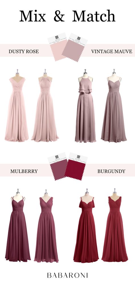 Mulberry Dress Bridesmaid, Dusty Mauve Bridesmaid Dress, Dusty Rose Bridal Party, Vintage Mauve Wedding, Vintage Mauve Bridesmaid Dresses, Mulberry Wedding, Mauve Bridesmaid Dresses, Bridesmaid Dress Color Schemes, Wedding Theme Color Schemes