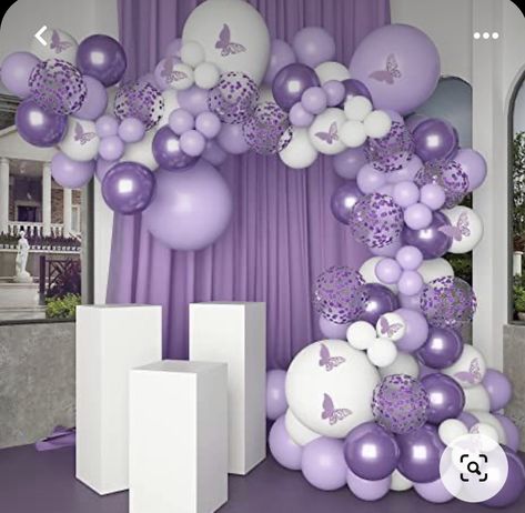 Baloon Decorations Lavender, Lilac And White Decorations, Purple Birthday Decoration Ideas, Lilac Butterfly Birthday Party Ideas, Debut Theme Ideas 18th Simple Purple, Purple 18th Birthday Party Ideas, Lavender Themed Party, Purple Decorations Party Birthday, Purple Balloon Decor