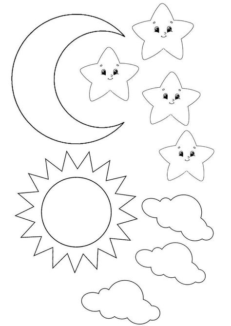 Sun Activities For Kids, Moon Craft, Sun Coloring Pages, Moon And Clouds, Bible Crafts Sunday School, Moon Coloring Pages, Star Coloring Pages, Moon Crafts, Preschool Arts And Crafts