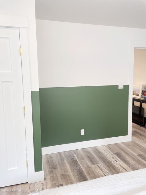 Bm Peale Green Paint, Half Painted Wall Green, Green Half Wall Paint, Peale Benjamin Moore, Half Painted Wall Bedroom Green, Peale Green Ben Moore, Benjamin Moore Peale Green Cabinets, Green Boys Bedroom Ideas, Half Green Wall