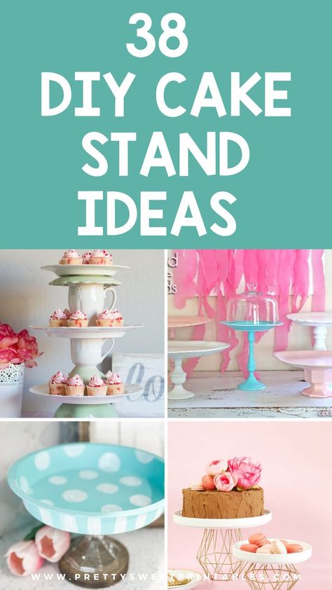 cake stand diy ideas Diy Dessert Stand Display, Diy Cake Stand Vintage, Diy Cake Stand Dollar Store, Diy Cake Plate, Sheet Cake Stand, Diy Cake Plate Stand, Cake Stand Ideas, Homemade Cake Stands, Cheap Cake Stands