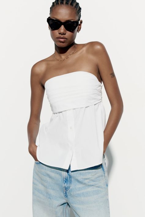 STRETCH POPLIN TOP - White | ZARA Spain Zara Poplin Top, Zara Spain, Poplin Top, Stretch Top, Zara United States, Button Detail, White Tops, Spring Summer Fashion, Side Zip