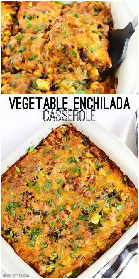 A colorful vegetable mix, homemade enchilada sauce, corn tortillas, and cheese make this Vegetable Enchilada Casserole the epitome of comfort food. Casserole Enchilada, Vegetable Enchiladas, Enchilada Casserole Recipes, Homemade Enchilada Sauce, Budget Bytes, Homemade Enchiladas, Enchilada Casserole, Vegetarian Dinners, 100 Calories