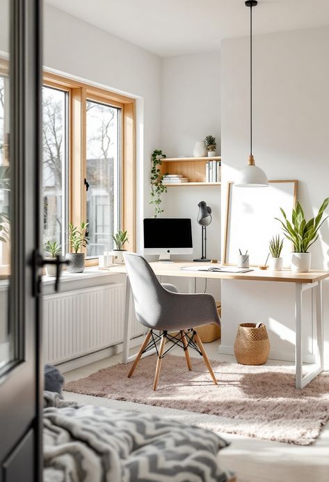 Discover the perfect blend of functionality and tranquility in this Scandinavian-inspired home office. With a standing desk, natural light, and soothing neutral tones, it's an ideal workspace for creativity and productivity. Scandinavian Home Office, Modern Scandinavian Decor, Nordic Desk, Park View, Simple Furniture, Scandinavian Decor, Duvet Bedding, House Room, Scandinavian Inspired