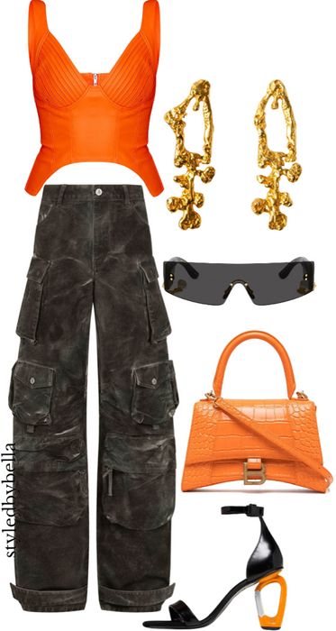 Orange Black Outfit, Orange Top Outfit, Leather Top Outfit, Orange Streetwear, Orange Fits, Orange Outfit, Rainbow Outfit, 2000s Fashion Outfits, Gameday Outfit