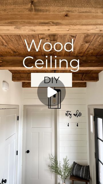 Nicole Kerns - DIY and Design 🔨 on Instagram: "You ask, I deliver. 🖤 So many questions on how we created our entry ceiling and here it is! 

#plankceiling #shiplapceiling #woodceiling #ceilingbeams #fauxbeams #fauxbeam #fauxceilingbeams #modernfarmhouse #entrywaydecor #entryway #entry #plankwood #stainedceiling #easydiy #easydiys #diyhomeprojects #farmhousedecor #blackdoors #blackfrontdoor #reverepewter #alabasterwhite" Ceiling Entryway Ideas, Faux Ceiling Beams, Hallway Ceiling, Shiplap Ceiling, Plank Ceiling, Black Front Doors, Faux Beams, Alabaster White, Diy Ceiling