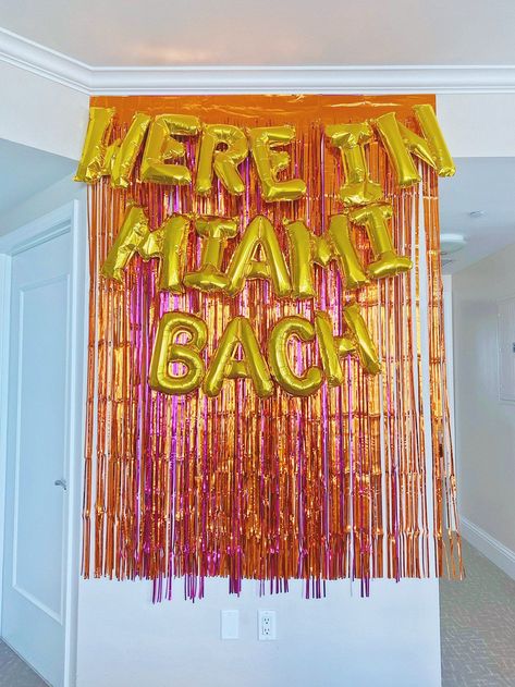 Miami Bachelorette Decor Set Up by Got Your Bash Im In Miami Bach, Miami Vice Bachelorette Party Theme, Hens Party Decorations Ideas, Miami Party Decor, Bachelorette Party Ideas Miami, Bach Trip Decorations, Miami Bachelorette Aesthetic, Miami Bachelorette Party Decorations, Miami Vice Bachelorette Party