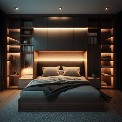 Double Bed Room Decor Idea, Bedroom Ideas Built In Wardrobe, Bedroom Wardrobe Behind Bed, Double Bed With Shelves, Modern Bedroom Design Wardrobe, Built In Bedroom Furniture Ideas, Modern Bedroom Built Ins, Bedroom Wall Built In, Bedroom Wardrobe Around Bed