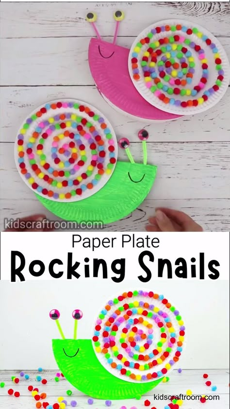 Schnecke basteln Paper Plate Snails, Preschool Crafts Paper Plates, Rocking Snail Craft, Craft Using Paper Plates, Toddler Paper Plate Crafts, Kids Paper Plate Crafts, Snail Craft For Toddlers, Paper Plate Arts And Crafts, Snail Artwork For Kids