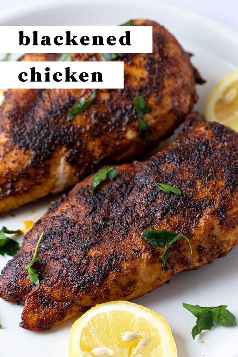 Blackened chicken is about to be your new go-to main course. Juicy chicken coated in an amazing blend of spices, then seared in butter and finished off in the oven. It couldn't be easier or more delicious. Never eat boring chicken again! Blackened Chicken Bonappeteach, Sweet Green Blackened Chicken, Blackened Chicken Baked, Blackened Chicken Crockpot, Healthy Juicy Chicken Recipes, Blackened Chicken Recipe Dinners, Blacked Chicken Recipe, Blacken Chicken Recipes, How To Make Blackened Chicken