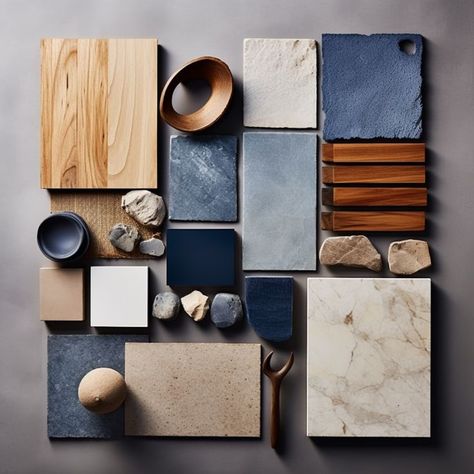 Material Palette Blue, Navy Gold Decor, Blue Bathroom Mood Board, Blue Therapy Office, Kitchen Mood Board Colour Palettes Blue, Kitchen Mood Board Colour Palettes, Kitchen Wallpaper Ideas, Yellow Kitchen Cabinets, Materials Board Interior Design