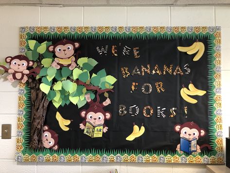 Elementary library jungle theme Jungle Theme School Decorations, Jungle Book Bulletin Board, Jungle Library, Jungle Library Theme, Jungle Book Classroom Theme, Wild About Reading Theme, Reading Bulletin Boards Elementary, Jungle Theme Library, The Jungle Book Classroom Theme