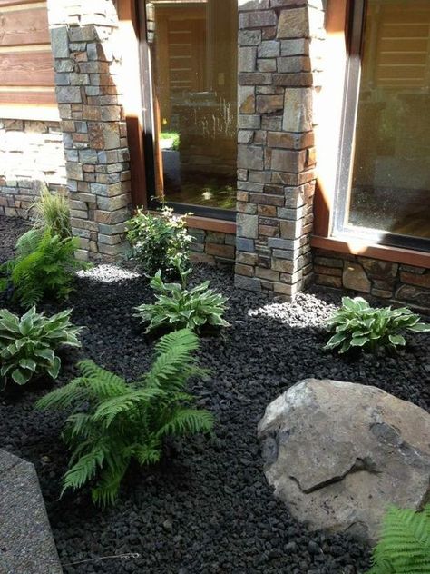 River Rock Front Yard Landscaping, Landscape With Rocks Front Yard, Big Rock Landscaping Ideas, Utah Landscape Ideas, Black Lava Rock Landscaping, Black Lava Rocks Landscaping, Lava Rock Landscaping, Lava Rock Landscape, Stone Mulch