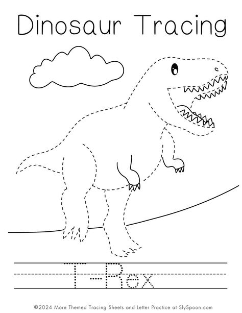 Free Dinosaur Letter Tracing pre-writing worksheets - T-rex - Get your little ones excited about learning with these free printable Dinosaur Letter Tracing worksheets! These fun dino-themed activities will help them practice their pre-writing skills while having a blast. Perfect for preschoolers and kindergarteners. #Dinosaur #LetterTracing #PreWritingSkills #PrintableWorksheets #KidsActivities #LearningFun #Preschool #Kindergarten #Homeschooling #ParentingTips Kindergarten Activities For September, Dino Worksheets Preschool, Dinosaur Worksheets 2nd Grade, Dinosaur Worksheets Kindergarten, Free Dinosaur Printables Preschool, Tracing Dinosaurs, Dino Week Preschool, Dinosaur Writing Activities Preschool, Dinosaur Tracing Sheets Free Printable