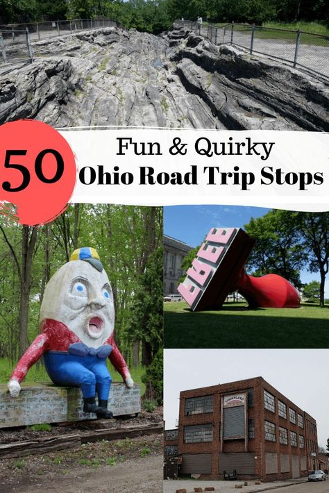 Are you on the hunt for fun and quirky roadside attractions that can be seen when road tripping in Ohio? We can help! We have collected 50 attractions to seek out on your next road trip. Bonus- most won't cost you a thing. #roadtrips #thingstoseeinOhio #OhioTravel #roadsideattractions Day Trips In Ohio, Ohio Attractions, Ohio Destinations, Ohio Vacations, Youngstown Ohio, Ohio Travel, Road Trip Places, Midwest Travel, Road Trip With Kids