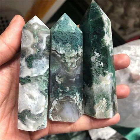 Green Moss Agate Wand by ToShay.shop starting at $$35.59 👉 www.toshay.shop/collections Moss Agate Tower, Blue Moss Agate, Moss Agate Crystal, Crystal Towers, Green Moss Agate, Cool Rocks, Crystal Healing Stones, Crystal Tower, Crystal Wand