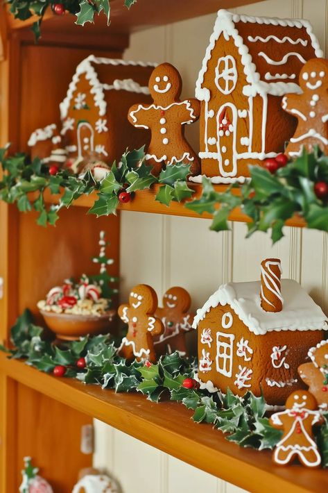 Gingerbread houses and gingerbread men on  shelves. Gingerbread Shelf Decor, Gingerbread Man Ideas Decorating, Gingerbread Kitchen Decorating Ideas, Gingerbread Tablescape, Gingerbread Man Ideas, Rustic Table Settings, Gingerbread Clipart, Gingerbread Kitchen, Rustic Table Setting