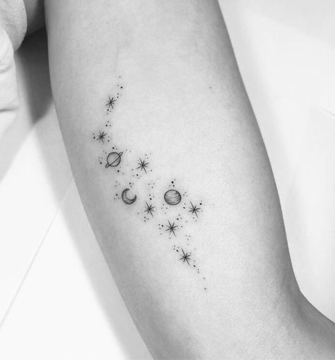 Universe Forearm Tattoo, Feminine Dotwork Tattoo, Celestial Filler Tattoo, Tiny Solar System Tattoo, Space Wrist Tattoos, My Universe Tattoo, Dainty Space Tattoos, Small Space Tattoo Ideas, Milkyway Tattoos