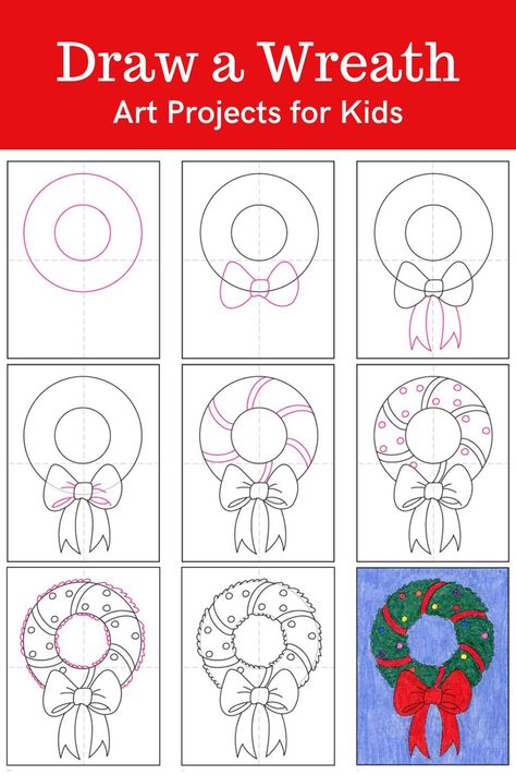 Learn how to draw a Wreath with an easy step-by-step PDF tutorial. #howtodraw #tutorial #drawing #drawingtutorial #arttutorial #artprojectsforkids #howtodrawforkids #wreath #christmaswreath How To Draw A Wreath Step By Step, How To Draw A Christmas Wreath, Xmas Envelope, Xmas Crafts Kids, Christmas Sketch, Tutorial Drawing, 2nd Grade Art, Crayon Drawings, Wreath Drawing