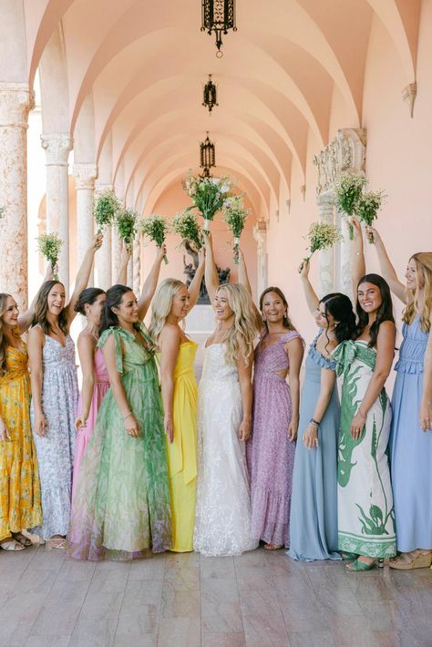 Bright Colors and Garden Party Style at Ringling Museum of Art Pastel Wedding Ideas, Bridesmaids Colors, Ringling Museum, Bridesmaid Looks, Bridal Party Attire, Bridesmaid Colors, Mismatched Bridesmaids, Mismatched Bridesmaid Dresses, Wedding 2025