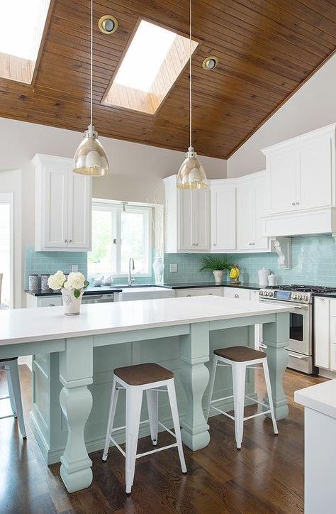 Tiffany Blue Kitchen Aqua Backsplash, Tiffany Blue Kitchen, White Kitchen Interior, Deco Marine, Blue Backsplash, Beach Kitchens, Custom Cabinet, Beach House Kitchens, House Of Turquoise