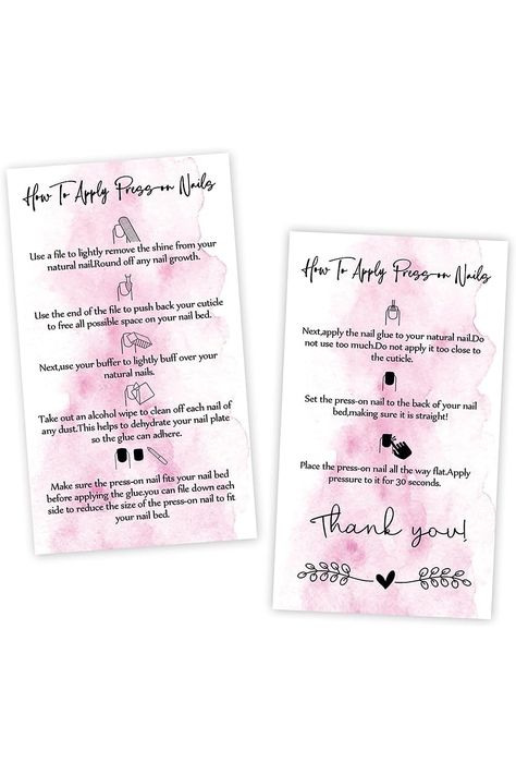 Press-On Nail Application Instructions Cards, Aftercare Instructions Cards, 50 Pack 3.5 x 2inch inch Business Card Size, DIY Press-On Nail Kit, White and Pink Design Nail Application, Accessories Illustration, Fashion Accessories Illustration, Nail Bed, Nail Growth, Pink Nail, Business Card Size, Pink Design, Nail Kit