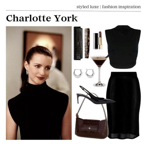 Charlotte Satc Style, Satc Outfits Charlotte, Charlotte Satc Aesthetic, Charlotte York Work Outfits, Charlotte York Black Dress, Satc Outfit Inspiration, As Seen On Tv Outfits, Charlotte York Style Outfits, Charlotte York Outfits Inspiration