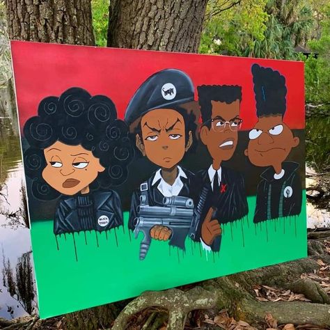 Proud Family Paintings, Black Cartoon Paintings, Rod Wave Painting, Painting Ideas Cartoon Characters, Cartoon Paintings, Boondocks Drawings, Graff Art, Trippy Drawings, Hippie Painting