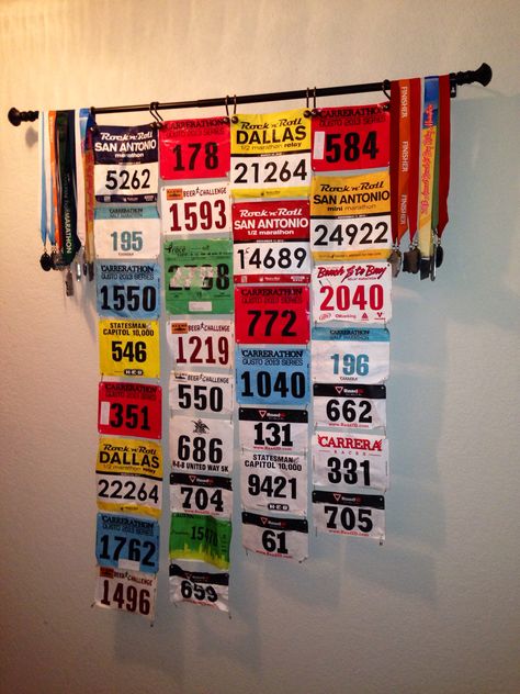 DIY medal display! Hubby's is the left half, mine is the right half. Running Reyna's!!! Diy Medal Display, Running Bib Display, Running Decorations, Diy Medal, Race Bib Display, Weight Inspiration, Bib Display, Hanging Medals, Race Medal Displays