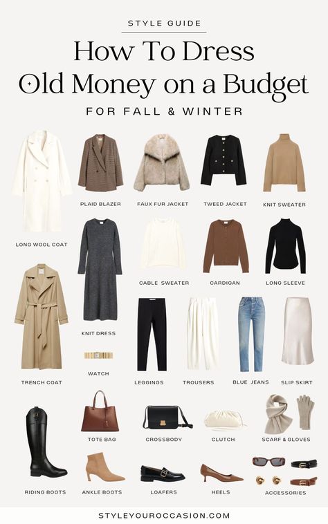 Want to get the old money aesthetic without breaking the bank? You’ll love my guide on how to dress old money in fall and winter while staying on budget! I’m sharing old money outfits for fall, quiet luxury winter outfits, and how to look classy and put together through fall and winter. Click through for classy, elegant, and chic fall and winter outfit ideas, plus an old money capsule wardrobe on a budget. Chic Luxury Outfit, Luxurious Looking Outfits, French Style Fashion Fall, Minimal Elegant Outfit, Quiet Luxury Fashion On A Budget, Old Money Fashion Women Fall, Quiet Luxury Aesthetic Outfits Fall, Fall Old Money Aesthetic, Quiet Elegance Fashion