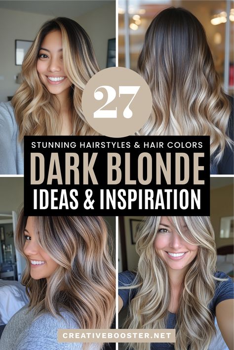 27 Must-See Dark Blonde Hair Color Ideas for 2024 – CreativeBooster Bronde Haircolor Cool Tone, Blonde Balayage Highlights On Dark Hair, Blonde Balayage With Lowlights, Dark Roots Hair Color Ideas, Blonde Balayage Straight Hair, Balayage Hair Dark Blonde, Dark Blonde Hair Color Ideas, Blonde Brown Hair Color, Classic Highlights