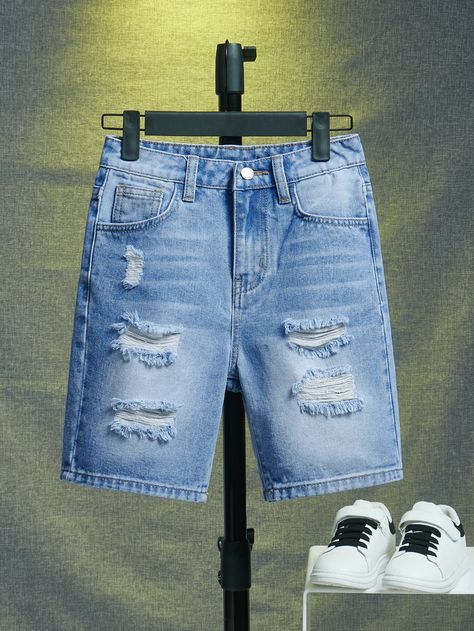 Light Wash  Collar  Denim Plain Bermuda Embellished Non-Stretch  Tween Boys Clothing Short Dins, Parachute Jeans, Boys Denim Shorts, Mens Denim Shorts, Teen Boy Outfits, Baggy Denim, Bermuda Jeans, Boys Denim, Short Models