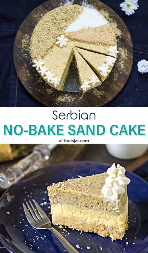 Easy and quick, creamy and delicious three layer no bake sand cake is made with just 6 ingredients and tastes like a vacation. Enjoy the graham cracker, coconut, and walnut layers of this Serbian dessert. | allthatsjas.com | #dessert #easy #quick #withpudding #walnuts #biscuits #grahamcracker #coconut #allthatsjas #recipes #nobake #summertreat #sweets #pesaktorta #pijesaktorta #Serbian Serbian Cake Recipes, Serbian Christmas Cookies, Bosnian Desserts Recipes, Sand Cake Recipe, Serbian Dessert Recipes, Serbian Cake, Serbian Desserts, Sand Cake, Snacks Dishes