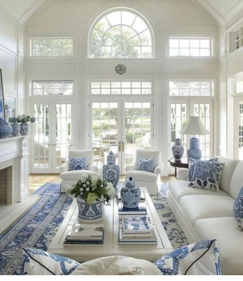 French Blue Decor Interior Design, Blue Home Aesthetic, French Blue Living Room, Blue Sofa Living Room Color Combinations, Blue And White Decorating Ideas, Hampton Style Living Room, Hampton Living Room Ideas, French Inspired Living Room, Hampton Style Decor