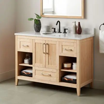 Trending Vanity Styles | Signature Hardware Bamboo Vanity, Bamboo Cabinets, Polished Nickel Faucet, Shelf Vanity, Cabinet Vanity, Vessel Sink Vanity, Semi Recessed Sink, Bamboo Bathroom, Single Sink Vanity