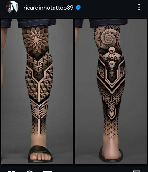 Geometric Tattoo Leg Sleeve, Half And Full Sleeve Tattoos, Calf Sleeve Tattoo, Geometric Tattoo Pattern, Geometric Tattoo Sleeve Designs, Shin Tattoo, Geometric Mandala Tattoo, Full Sleeve Tattoo Design, Rune Tattoo