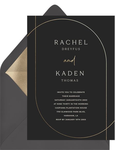 Shifted Arches Invitations in Black | Greenvelope.com Modern Gala Invitation, Elegant Dinner Invitation, Beauty Certificate Design, Lunch Invitation, Wedding Menus Design, Gala Invitation, Engagement Invitation Cards, Minimalist Text, Invite Card