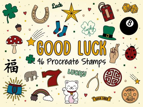 46 Luck Stamps for Procreate. Lucky Stamps, St. Patricks Day Stamps for Procreate. Lucky Charms Drawings for Procreate.  You are free to use these Lucky brushes to create your own custom art. Make mugs, greetings cards, instagram story highlights, stickers.. you can use these procreate stamps for commercial and personal usage. This brush set included 46 procreate stamps of luck icons hand drawn by 'Me', all properly named for easy use. There are a lot of shapes to choose from (check out the vide Symbols Of Good Luck, Lucky Charms Drawing, Lucky Charms Illustration, Good Luck Doodle, Good Luck Nails, Good Luck Drawing, Lucky Illustration, Good Luck Charms Symbols, Luck Painting