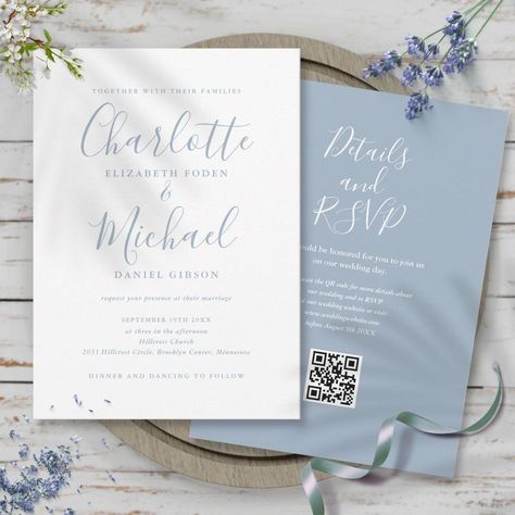 Dusty Blue Elegant Script QR Code Wedding Invitation | Zazzle Dusty Blue Winter Wedding Flowers, Dusty Blue And White Wedding Invitations, Modern Blue Wedding Invitations, Blue Winter Wedding Invitations, Wedding Invites Blue, Dusty Blue Invitations Wedding, Dusty Blue And Black Wedding, Powder Blue Wedding Theme, Wedding Invitations Light Blue