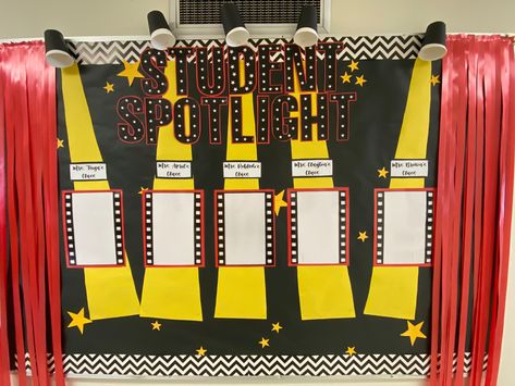 Drama Board Ideas, Performing Arts Bulletin Board Ideas, Student Picture Bulletin Board, Spot Light Bulletin Board, Spotlight Student Bulletin Boards, Star Students Bulletin Board, In The Spotlight Bulletin Board, Cinema Bulletin Board, Awards Bulletin Board Ideas