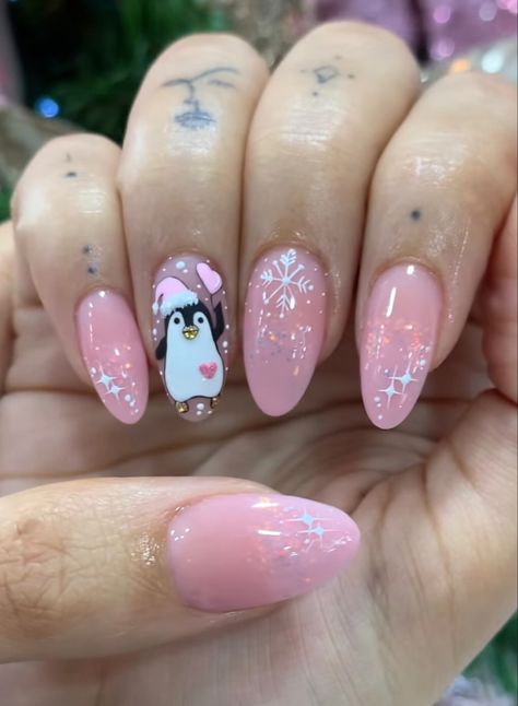 Themed Nail Art Designs, Pink Reindeer Nails, Pink Nutcracker Nails, Sugar Plum Fairy Nails, Nutcracker Nails, Nails Navidad, Penguin Nails, Xmas Nail Art, New Years Eve Nails