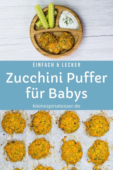 Kinderteller mit Gemüse-Puffern aus Zucchini und Süßkartoffel, und Backblech mit Zucchini-Puffern Blw Zucchini, Zucchini Baby Food, Baby Fingerfood, Fingerfood Baby, Baby Lunch, Zucchini Puffer, Toddler Lunches, Baby Finger Foods, Baby Snacks