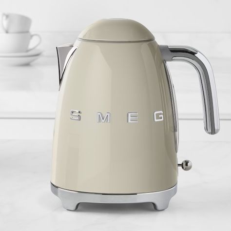 Smeg Tea Kettle | Williams Sonoma White Smeg Kettle, Smeg White, Smeg Kettle, Restaurant Logos, 1950s Decor, Pour Over Kettle, Smeg Appliances, Green Teas, Electric Tea Kettle