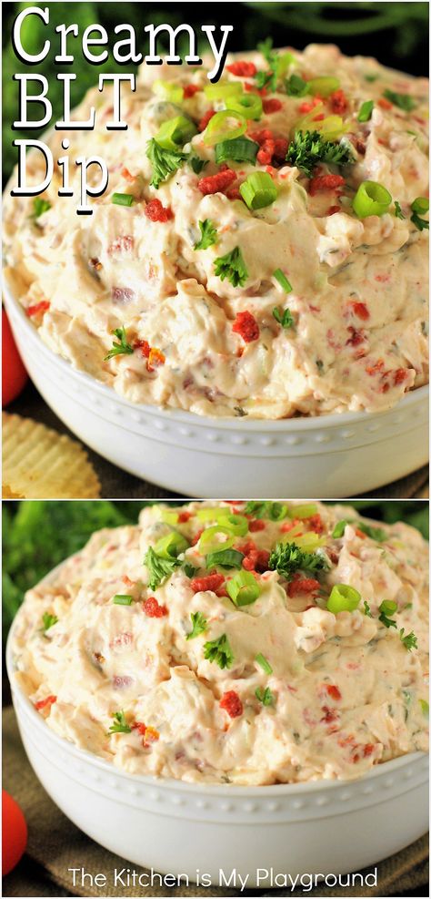 Bowl of creamy BLT Dip Horseradish Dip, The Kitchen Is My Playground, Blt Dip, Easy Dip, Antipasto Platter, Favorite Dips, Flavored Bacon, Green Onion, Best Appetizers