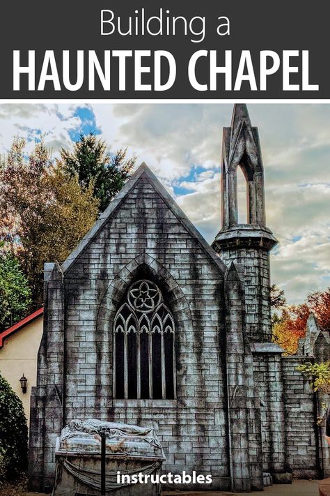 Build a static haunted chapel Halloween outdoor decoration from sheets of foam.  #Instructables #decor #yard #display #Scotland #church Halloween Yard Haunts, Outdoor Set Design, Diy Haunted Castle, Haunted Castle Decorations Diy, Halloween Facade, Haunted House Set Design, Haunted Mausoleum, Haunted House Model, Haunted Wedding