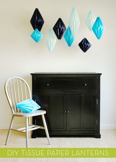 DIY Geometric Paper Lanterns   credit: Jenny Batt [http://ohhappyday.com/2012/08/diy-geometric-lanterns/] Tissue Paper Lanterns, Paper Lamps, Geometric Lantern, Diy Lamps, Bumbo, How To Make Lanterns, Bohol, Event Ideas, Crafty Craft